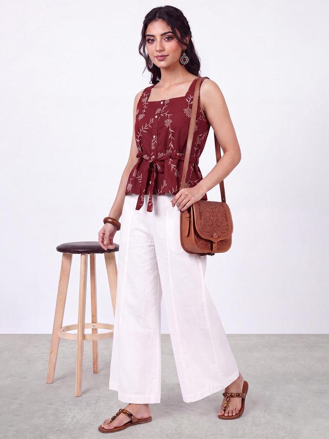 R&B Womens Maroon Square Neck Sleeveless Floral Embroidered Peplum Crop Top