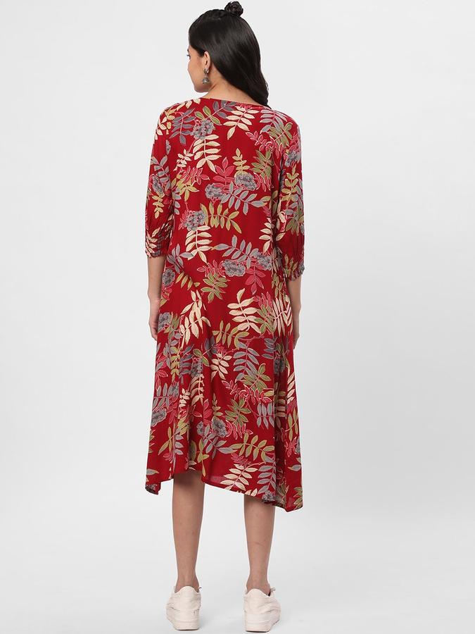 R&B Women Red Floral Three-Quarter Sleeves Round Neck Midi A-Line Ethnic Dress