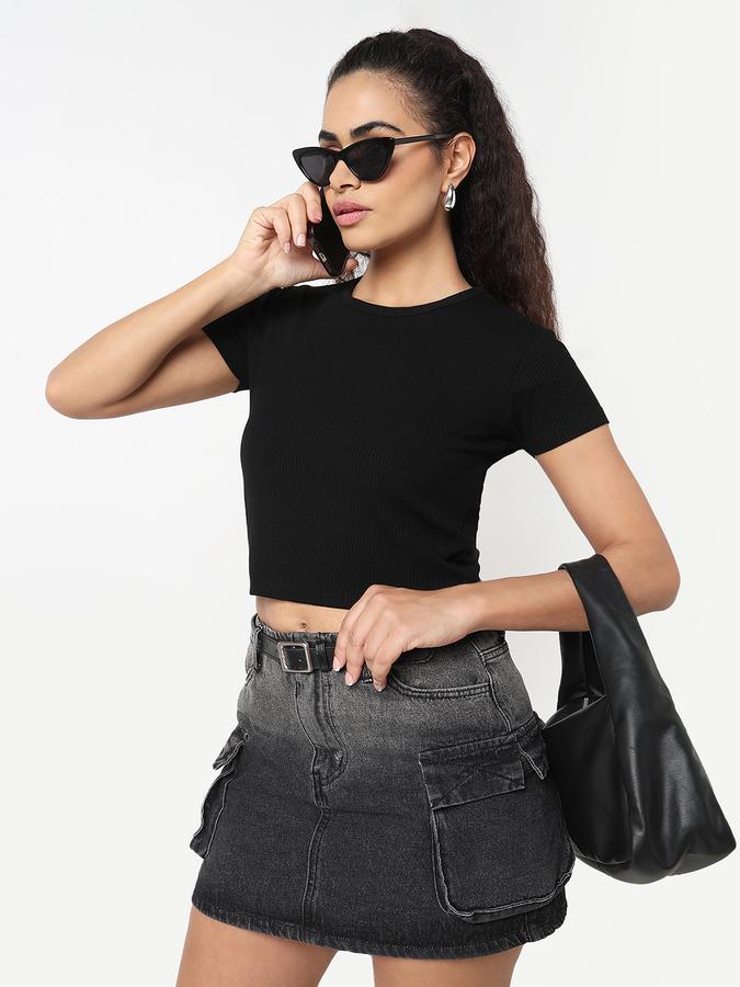 Women Viscose Crop Fit Round Neck Ribbed Top