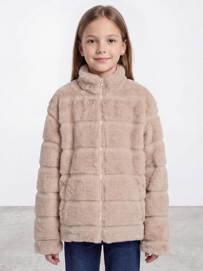 R&B Girls Beige Self Design Raised Collar Fur Jacket