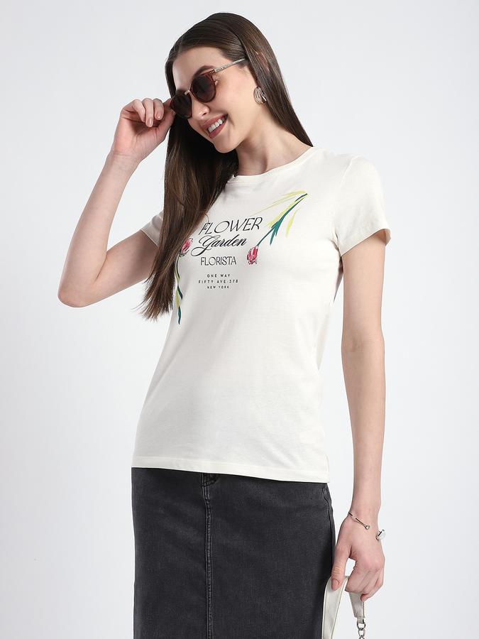 R&B Women Off White Floral Graphic Print Typography T-Shirt