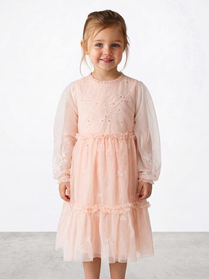R&B Girl Orange Embroidery Floral Long Sleeves Fit and Flare Dress