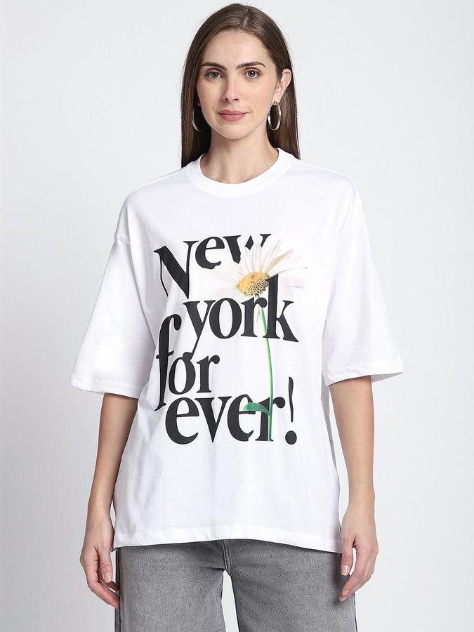 R&B Womens White Typography Printed  Round Neck Short Sleeves T-shirt