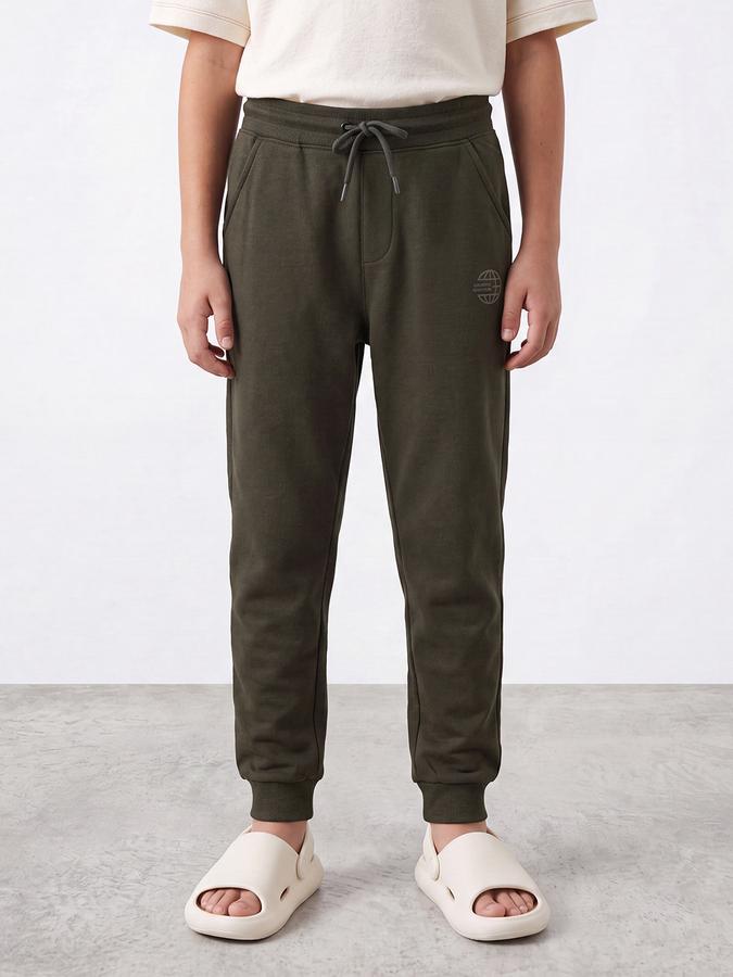 R&B Boys Olive Printed Pure Cotton Mid Rise Joggers