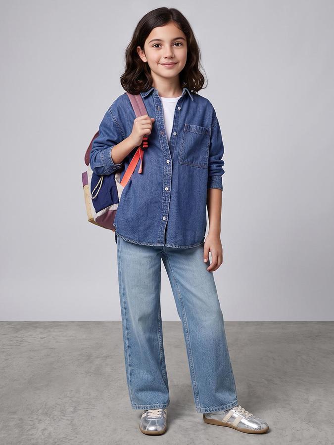 R&B Girls Blue Solid Spread Collar Long Sleeves Denim Shirt 