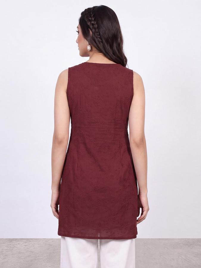 R&B Women Maroon Ethinic Motif Embroidered V-Neck Sleeveless Ethnic Tunics