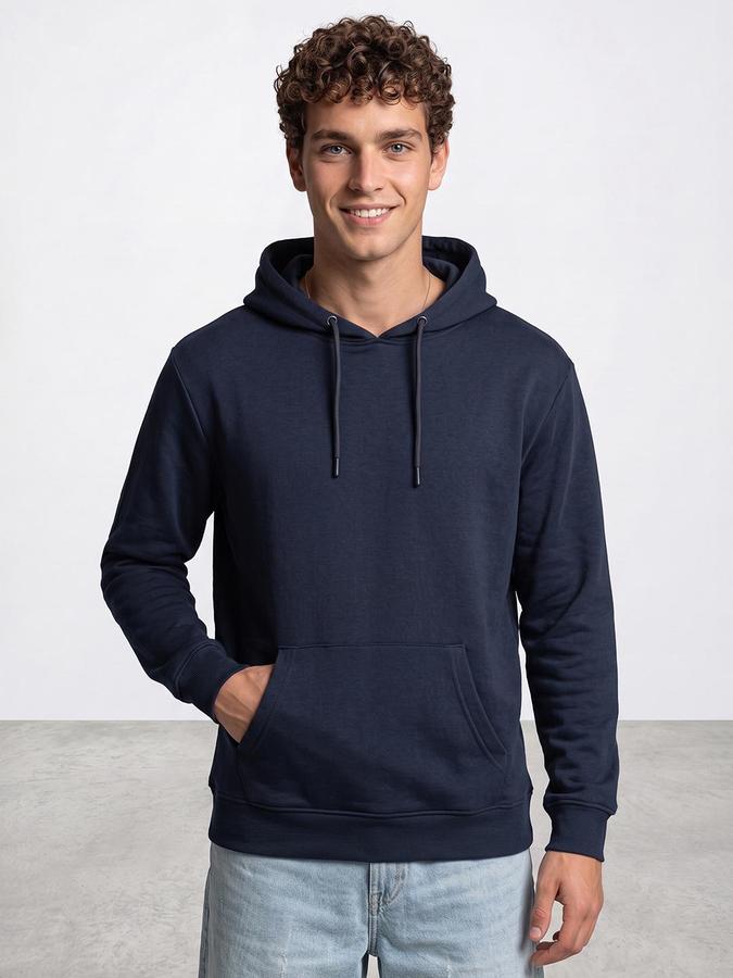 R&B Men Dark Blue Solid Hooded Long Sleeves Sweatshirt