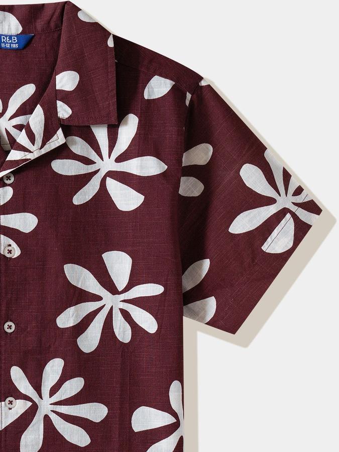 R&B Boys Rust Floral Print Half Sleeves Cuban Collar Shirt