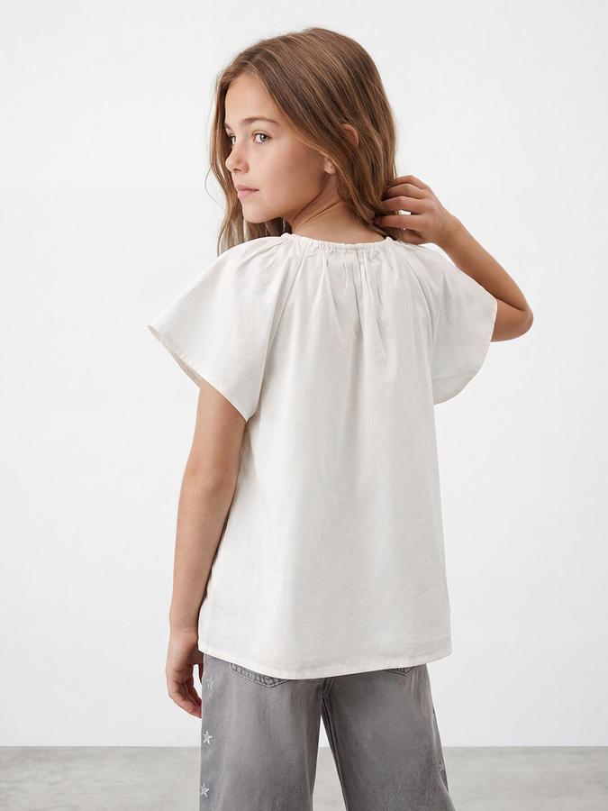 R&B Girls White Floral Print  Round Neck Flutter Sleeves Top 