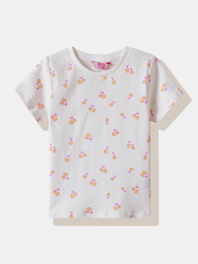 Girls Cotton Blend Regular Fit Crew Neck Floral T-shirt