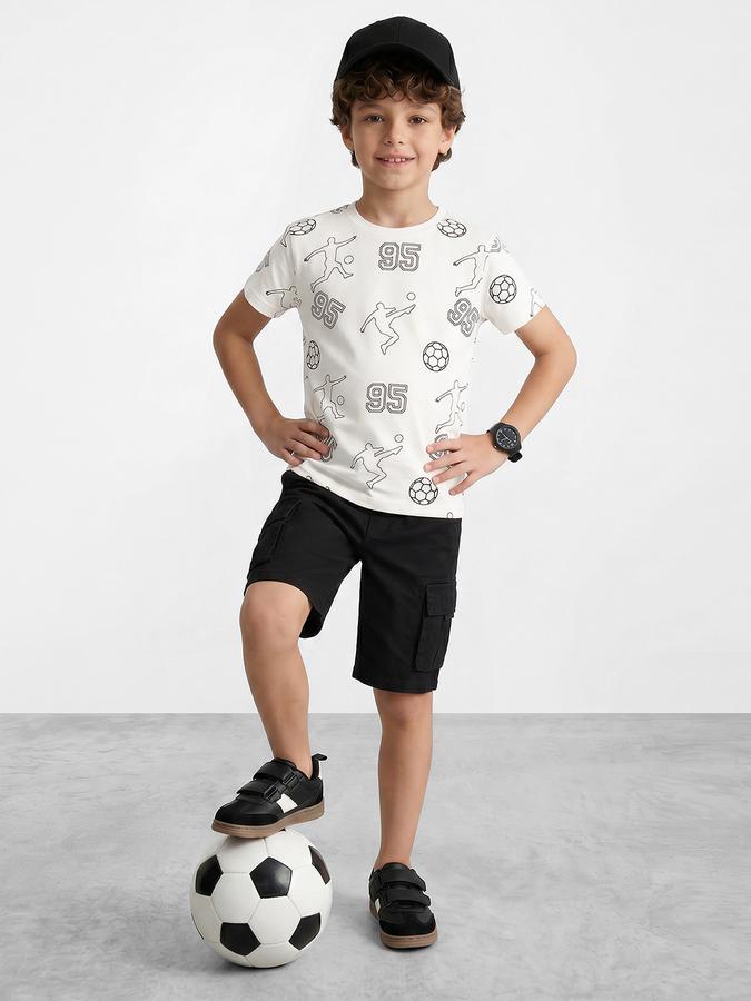 R&B Boys Beige Short sleeve Round Neck Game On Football Graphics All over printed Pure Cotton T-Shirt