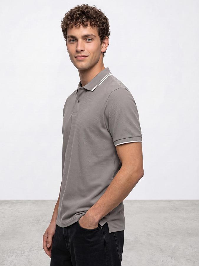 R&B Men Light Grey Textured Short Sleeves Polo Collar T-Shirt