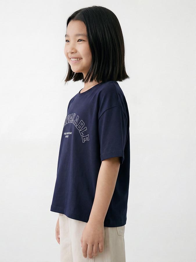 R&B Girls Navy Blue Regular Fit Typography Short Sleeve T-shirt