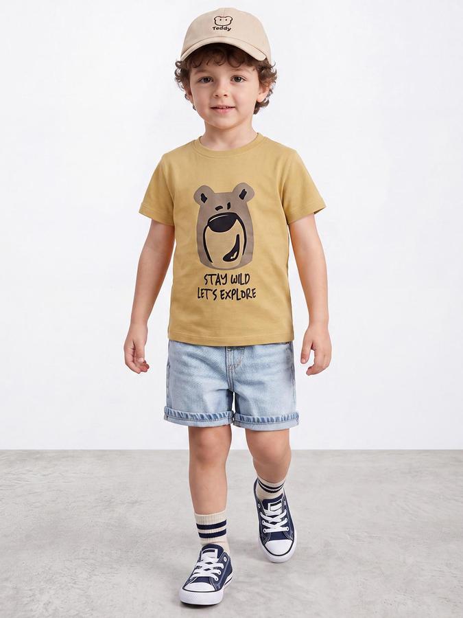 R&B Boys Mustard Short Sleeve Round Neck Cartoon Bear Graphic Print T-Shirt