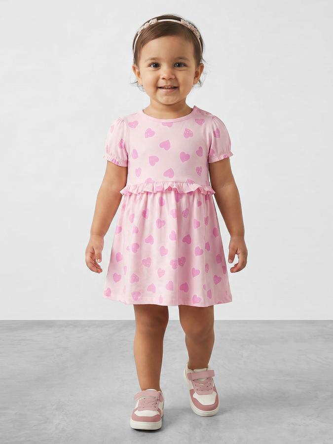 R&B Girl Pink Heart Print Pure Cotton Puff Sleeves Fit and Flare Dress