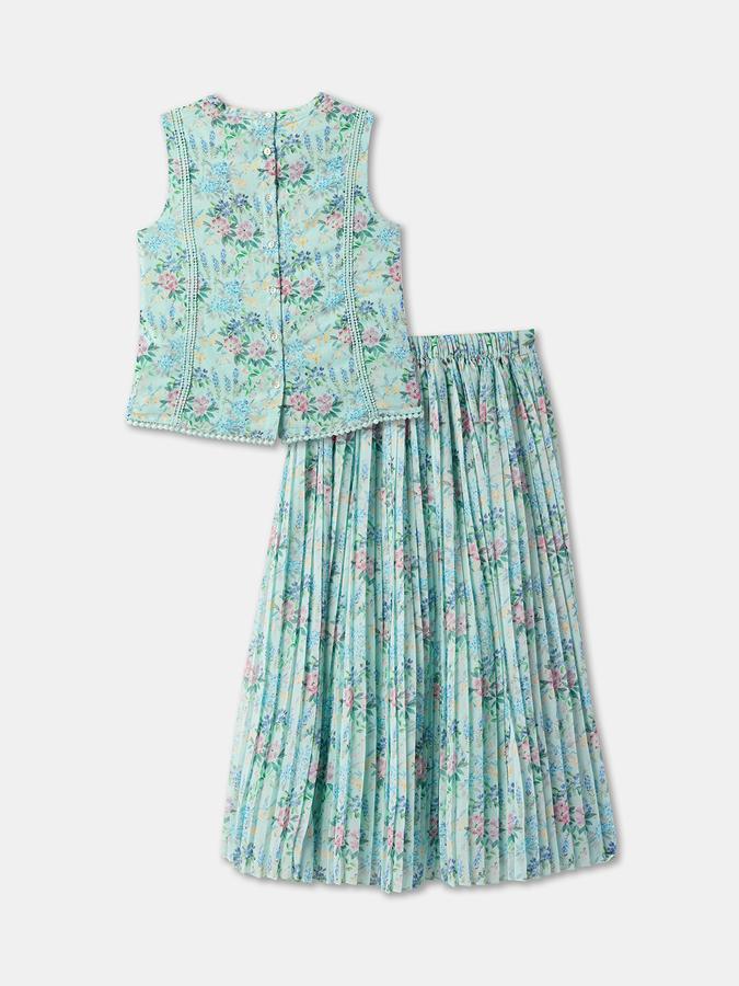 Girls Floral Print Round-Neck Top & Skirt Set image number 1