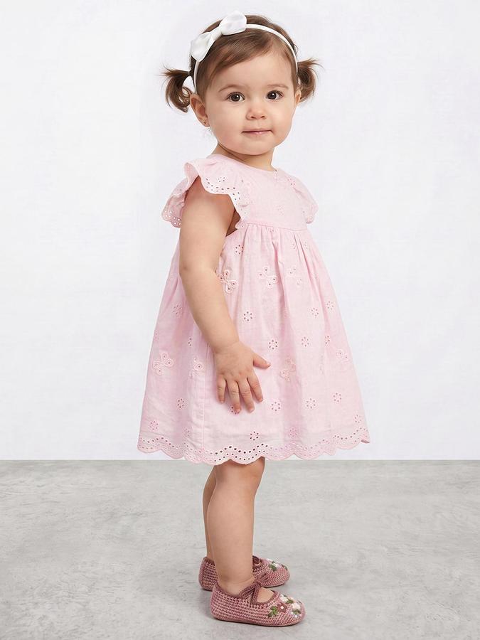 R&B Girls Pink Embroidered Round Neck Flutter Sleeves A-Line Dress