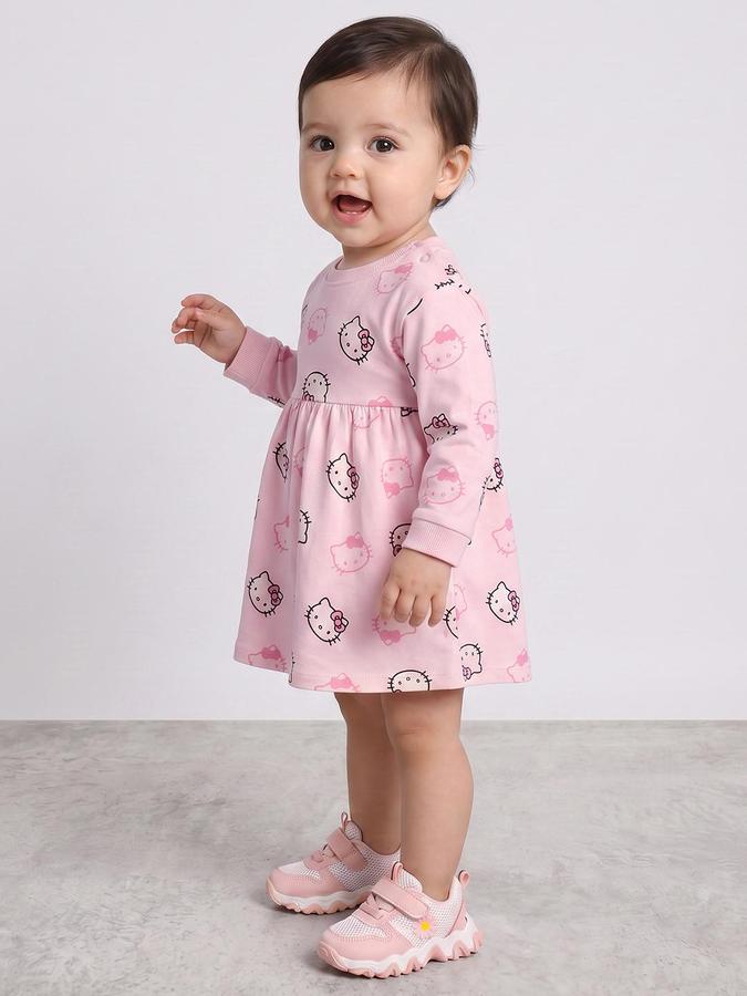 R&B Girls Light Pink Hello Kitty Cartoon Character Print Fit and Flare Dress