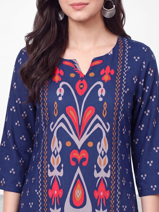 R&B Womens Navy Blue Three-Quarter Sleeves Round Neck Floral Printed Straight Kurta