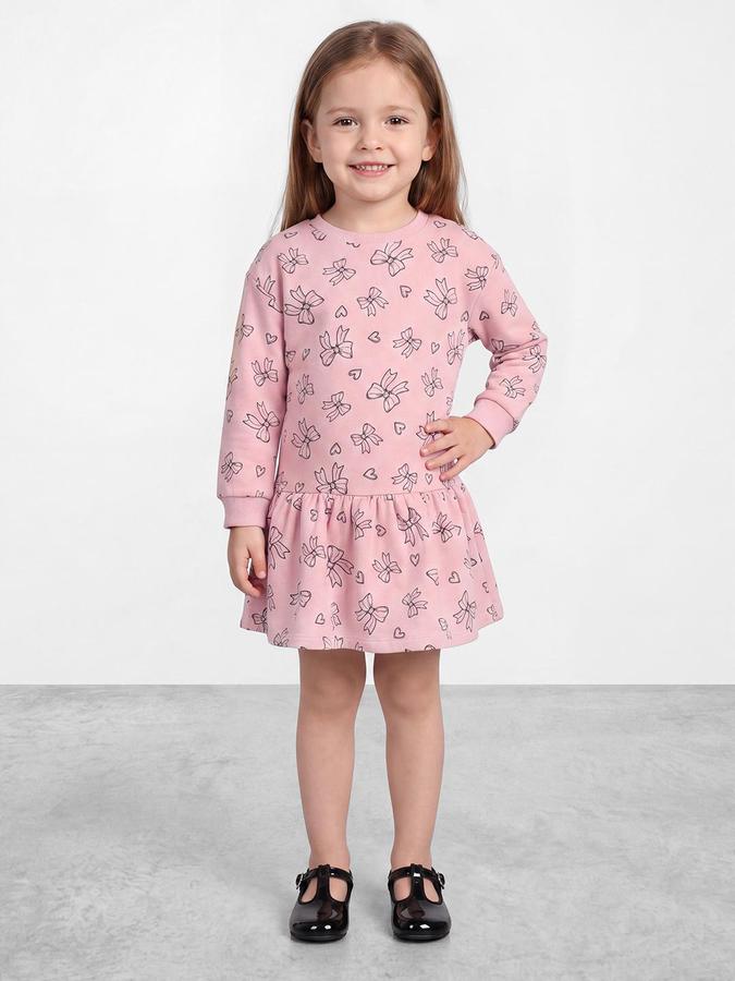 R&B Girls Light Pink Bow Printed Round Neck Cuffed Sleeves Drop Waist Dress