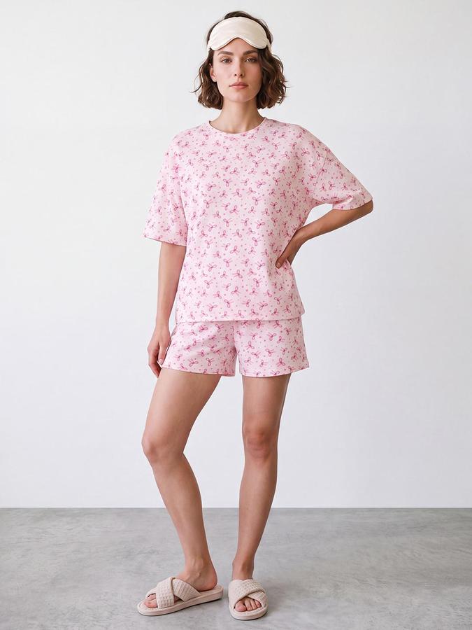 R&B Women Light Pink Bow Print Round Neck Short Sleeves Pure Cotton T-shirt & Shorts Set