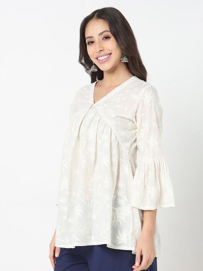 Women's schiffli gathered v-neck tunic with flared sleeves image number 2
