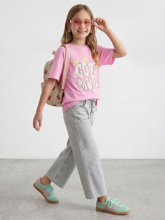 R&B Girls Pink Regular Fit Floral Print Short Sleeve T-shirt