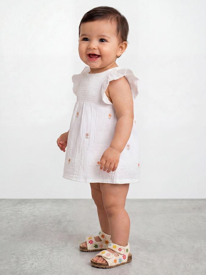 R&B Girl White Embroidery Floral Pure Cotton Flutter Sleeves Fit and Flare Dress