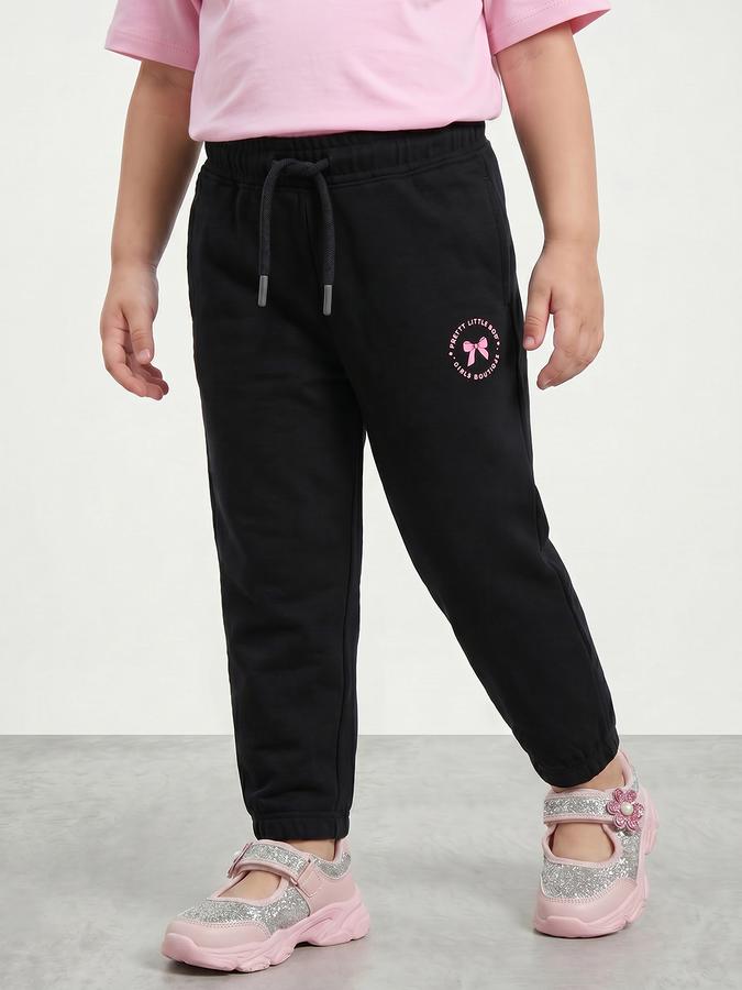 R&B Girls Black Straight Fit Graphic Printed Mid-Rise Cotton Track Pant