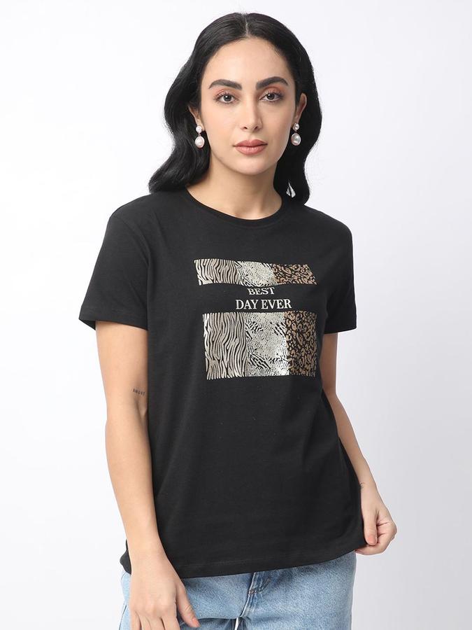 R&B Womens Black Graphic Print Round Neck Short Sleeves T-shirt
