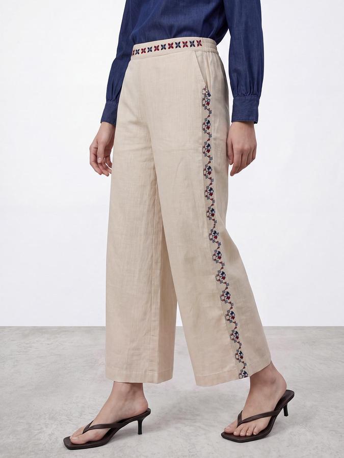 R&B Women Off White Embroidered Flat Front Palazzo