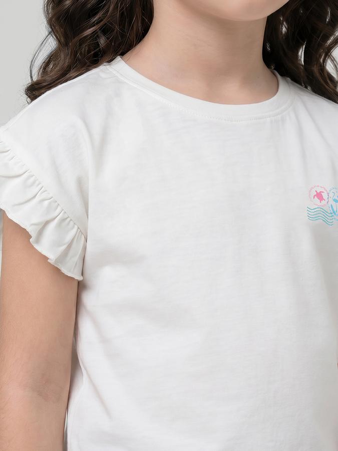R&B White Graphic Print Girls Round Neck Regular Fit Short Sleeves T-Shirt 