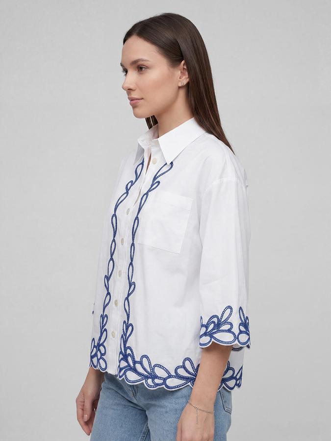 R&B White Ethnic Motifs Print Shirt Collar Flared Three-Quarter Sleeves Women Top