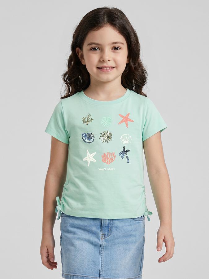 R&B Green Graphic Print Girls Round Neck Regular Fit Short Sleeves T-Shirt 