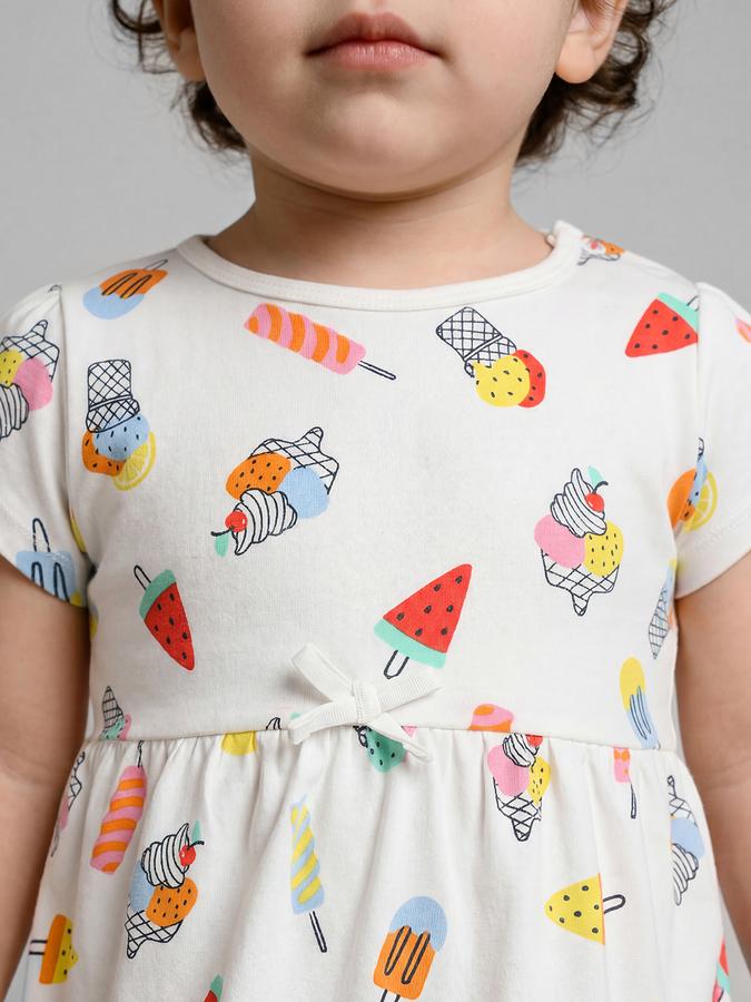 R&B White conversational Print Round Neck Short Sleeves Fit and Flare Mini Girls Dress