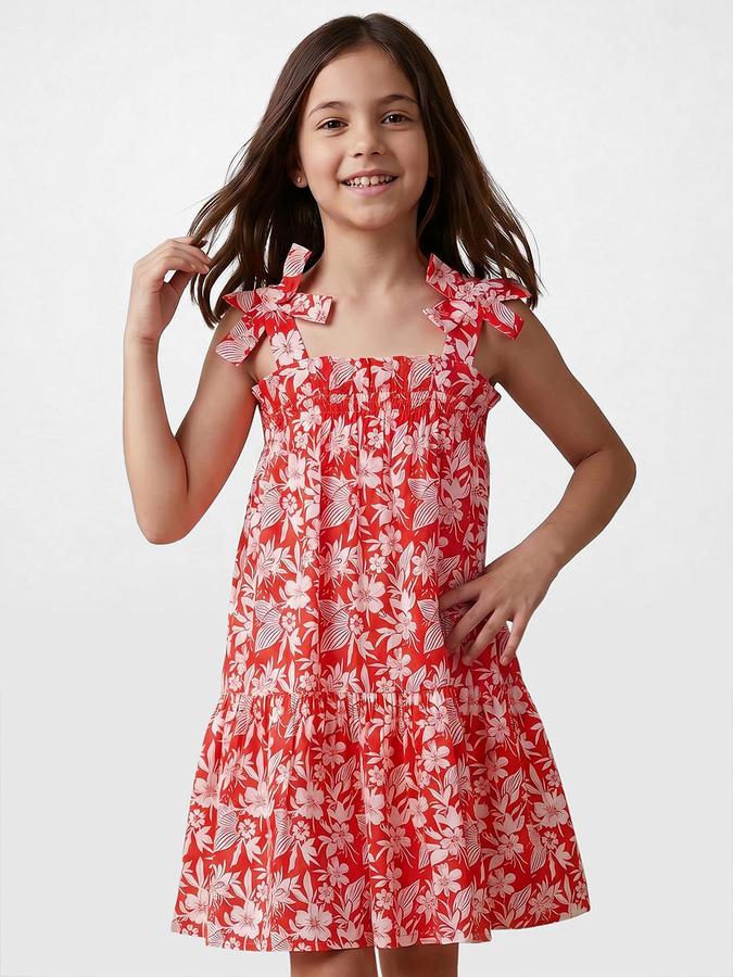 R&B Red Cotton Printed Girls Dresses
