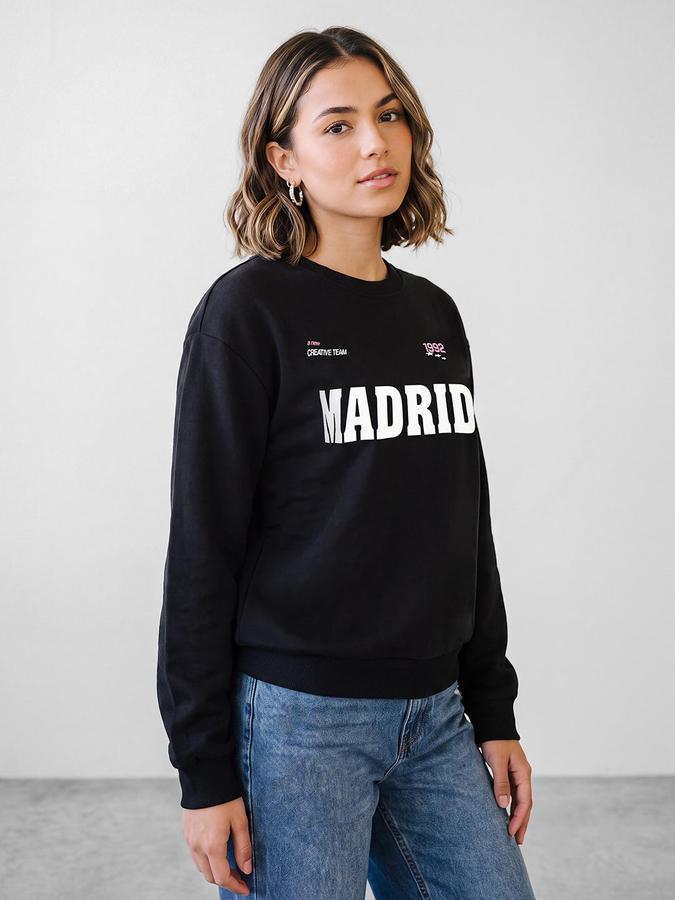 R&B Women Black Graphic Print Round Neck Long Sleeves Sweatshirt