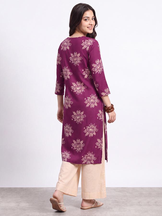 R&B Womens Wine Three-Quarter Sleeves Round Neck Floral Printed Straight Kurta