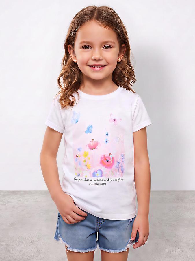 R&B Girls Ivory Butterfly Print Short Sleeves Round Neck Pure Cotton T-Shirt