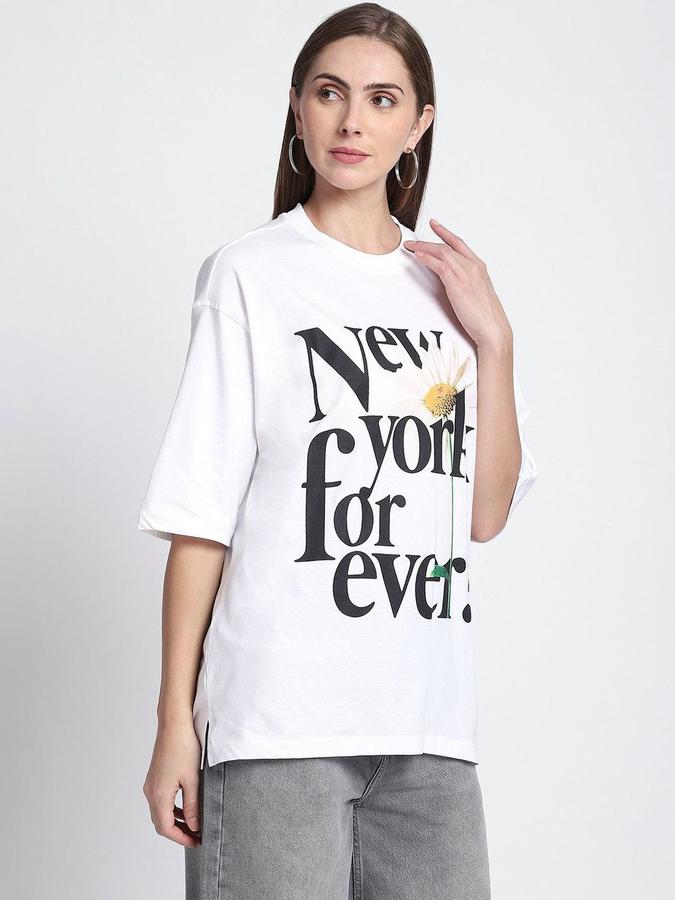 R&B Womens White Typography Printed  Round Neck Short Sleeves T-shirt
