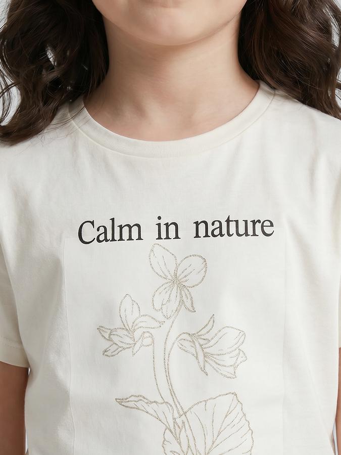 R&B White Graphic Print Girls Round Neck Regular Fit Short Sleeves T-Shirt 