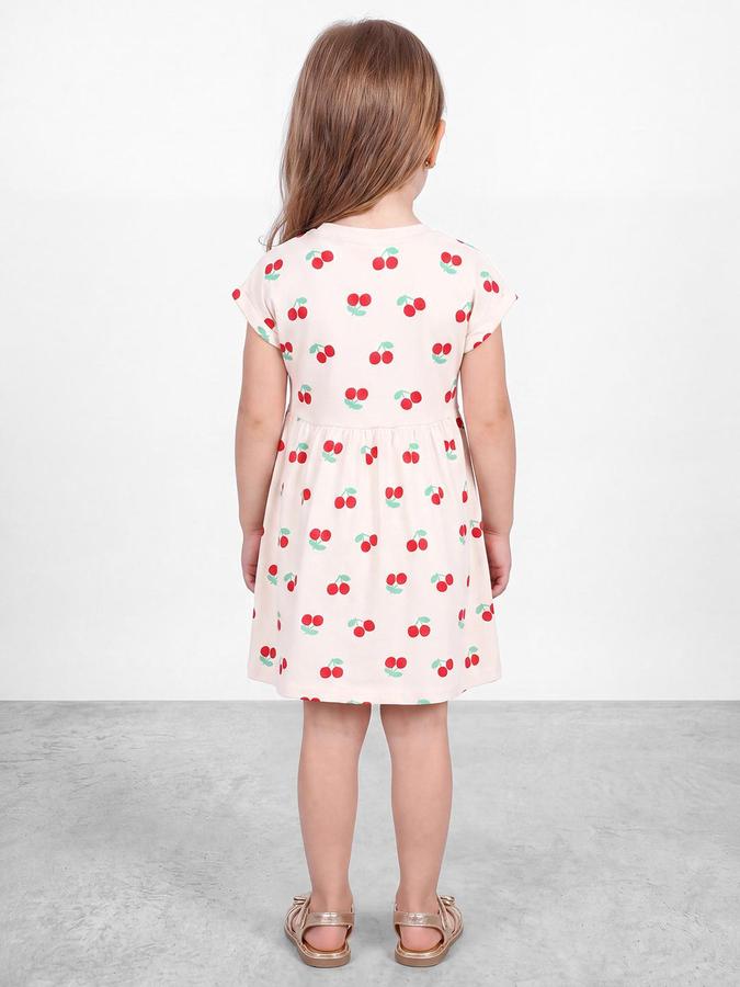 R&B Girls Cream Cherry Printed Round Neck Cap Sleeves Fit and Flare Dress