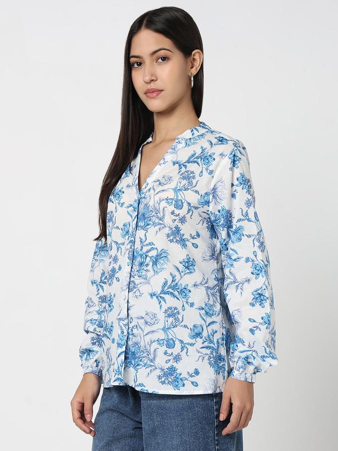 Women Cotton Relaxed Fit Mandarin Collar Floral Top