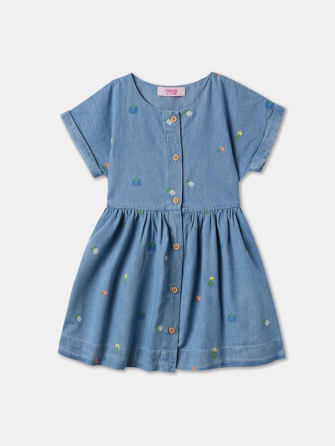 Girls Embroidered Short Sleeve Round Neck Regular Fit Dress