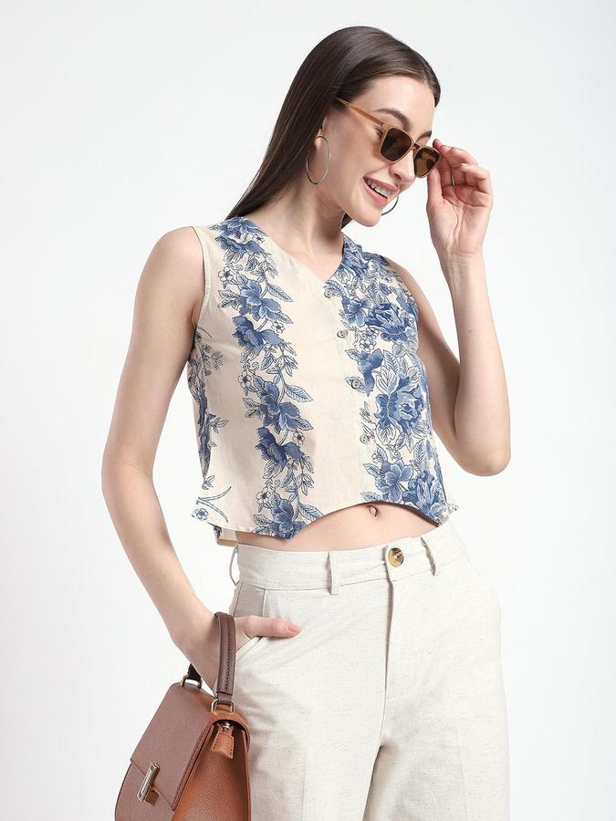 R&B Women Ethnic Off White Floral Print Regular Fit Sleeveless Top