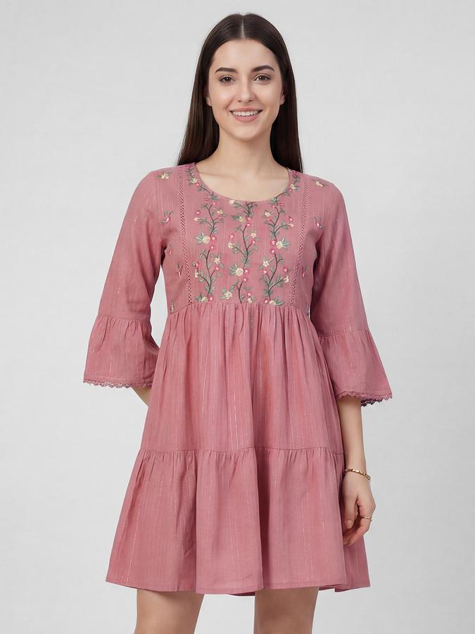 R&B Pink Embroidered Round Neck Three-Quarter Sleeves Fit and Flare Women Mini Dress