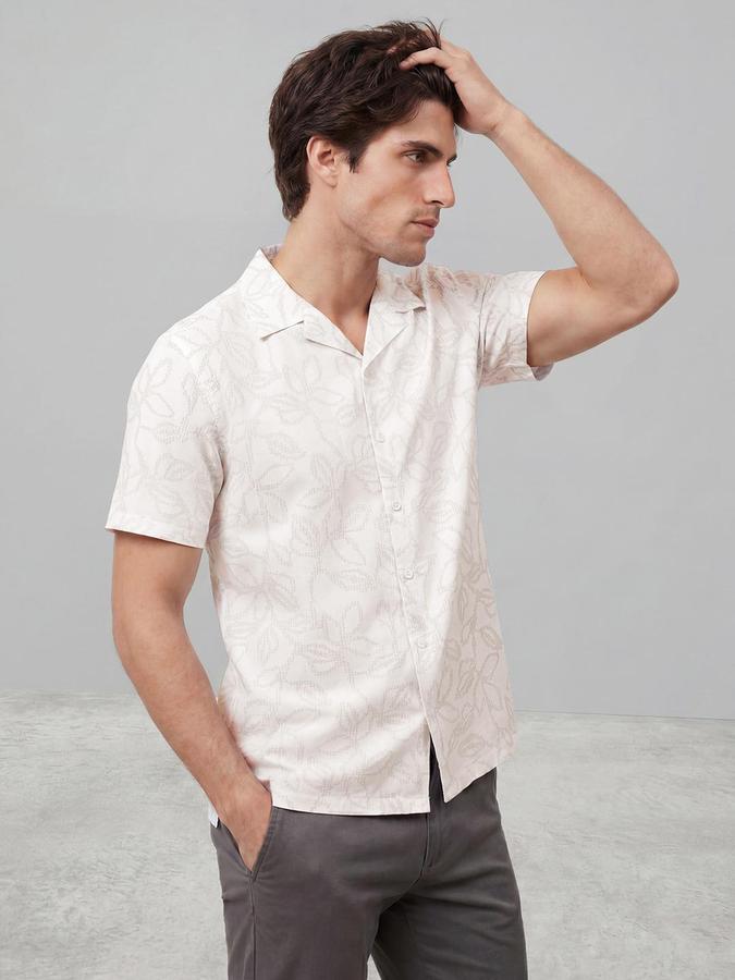 R&B Men Beige Floral Print Resort Collar Short Sleeves Regular Fit Shirt
