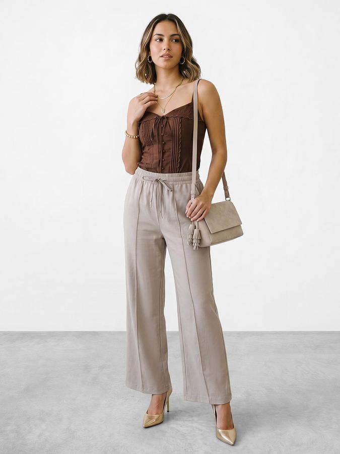 R&B Women Beige Textured Mid Rise Casual Pant