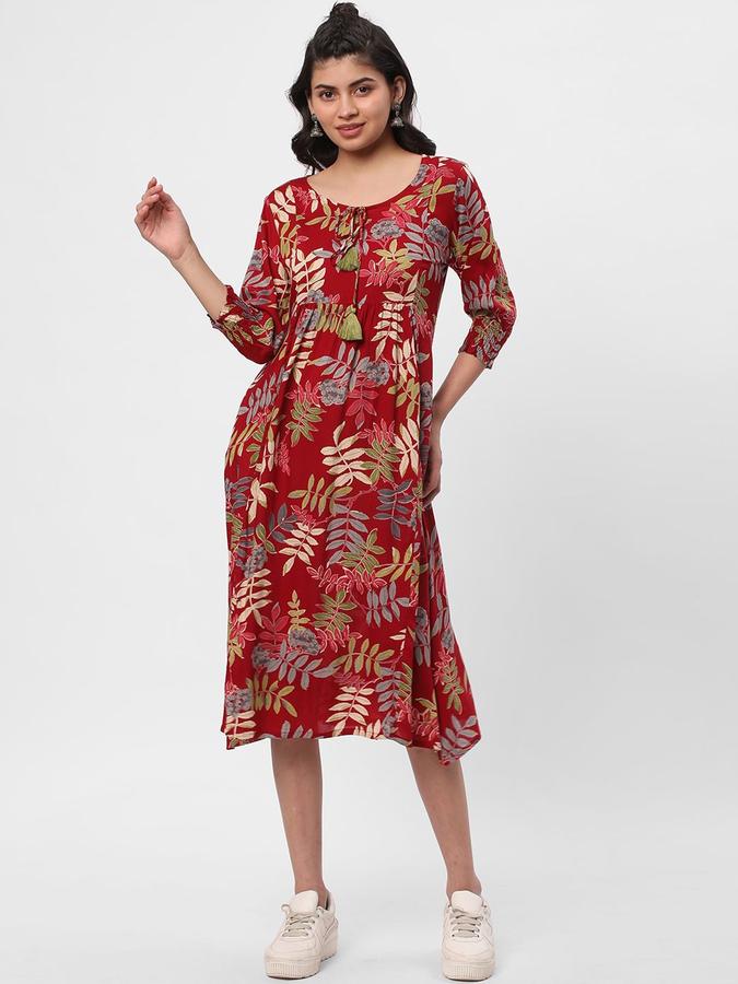 R&B Women Red Floral Three-Quarter Sleeves Round Neck Midi A-Line Ethnic Dress