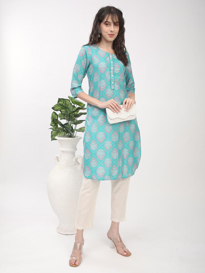 Women's regular fit casual white floral printed kurta with placket and 3/4th sleeves image number 1